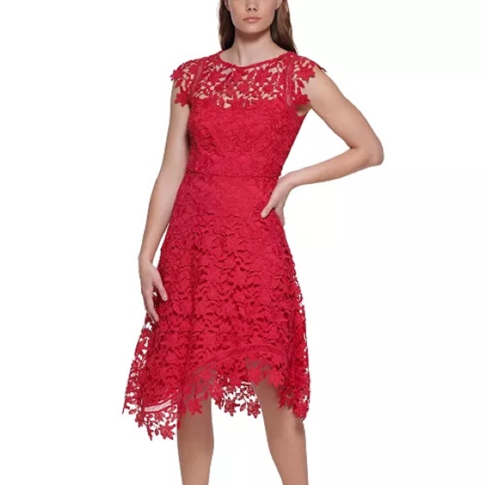 Eliza J Lace Asymmetrical-Hem Midi Dress